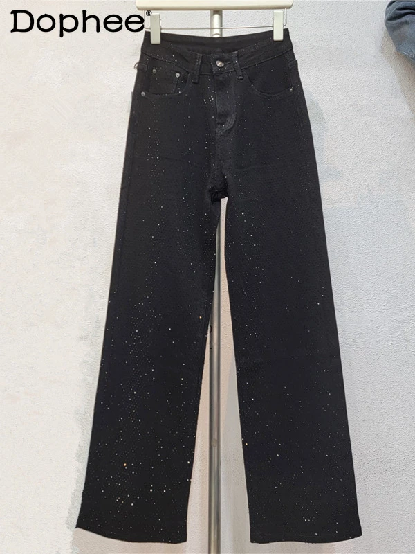 Heavy Industry Flash Diamond Black Jeans 2024 Autumn New High Waist Straight Pants Casual Jeans Streetwear Women Clothing