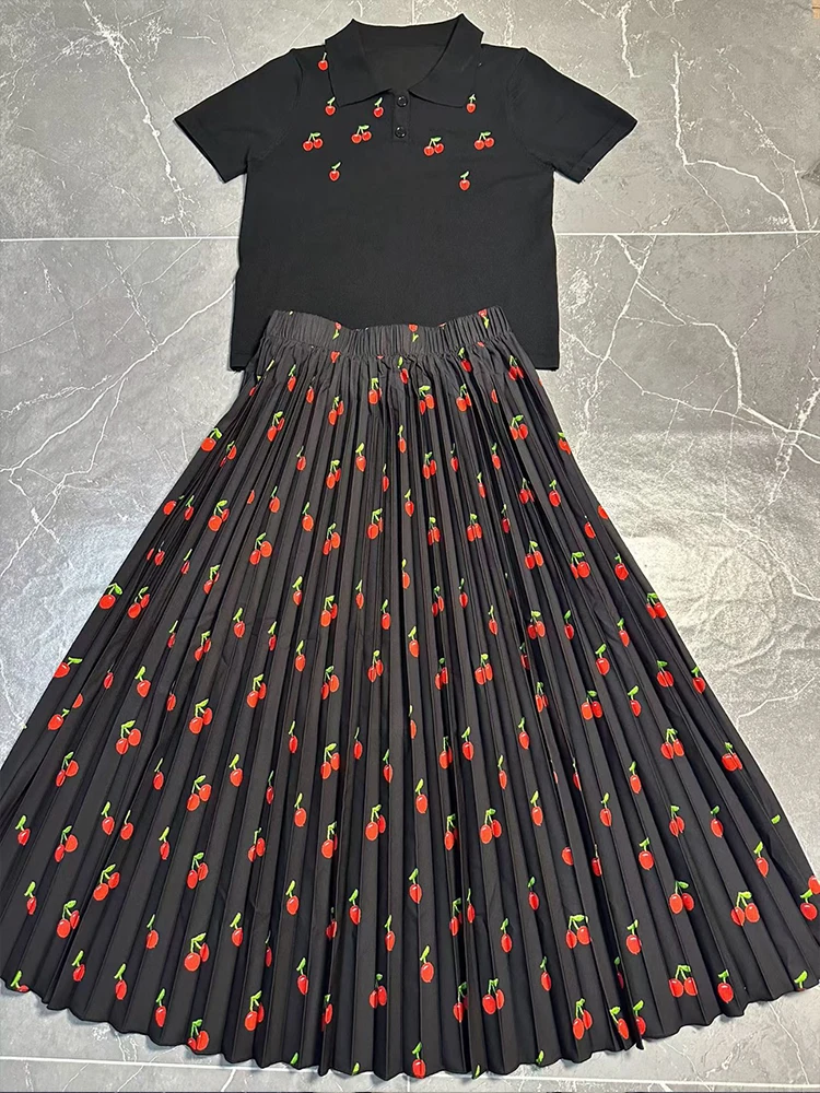 2026 Summer Women's Retro Embroidered Flowers Cherry Lapel Knitted Short-sleeved Pullover Two-piece+Loose Skirt Fashion Set