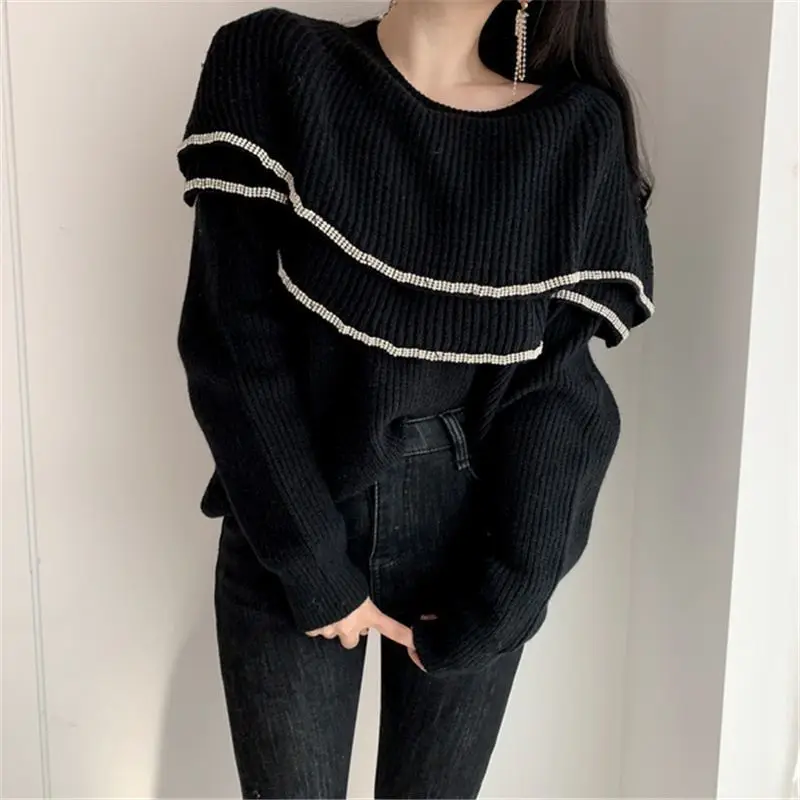 Sweater Round Collar Knitting Patchwork For Women 2024 Spring Fashion Female New Elegant Sweater Long Sleeve Tops Wear