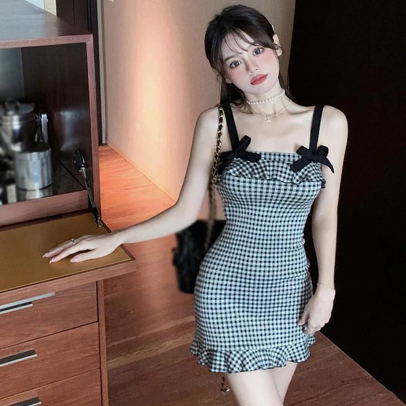 Korean Dress Suspender Dress Sexy Sweet Bow Hanging Strap Checkered Short Dress for Women Party Dress Summer