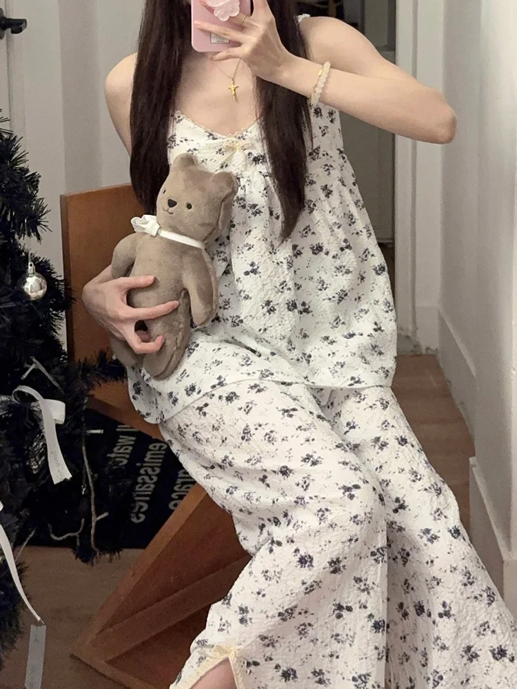 

Летний хлопковый пижама с цветочным принтом, женский комплект с накладкой на грудь, брюки из девяти предметов с v-образным вырезом, домашняя одежда