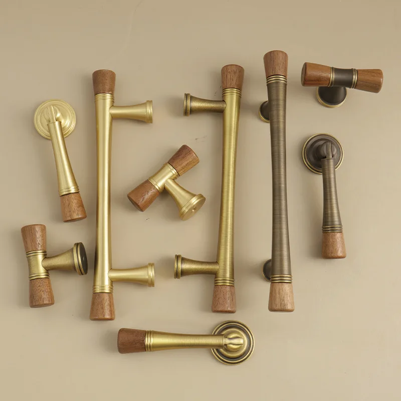 Chinese Antique Style Walnut Brass Handle Nordic Clothing Cabinet Door Handle Creative Drawer Single Hole Retro Small Handle