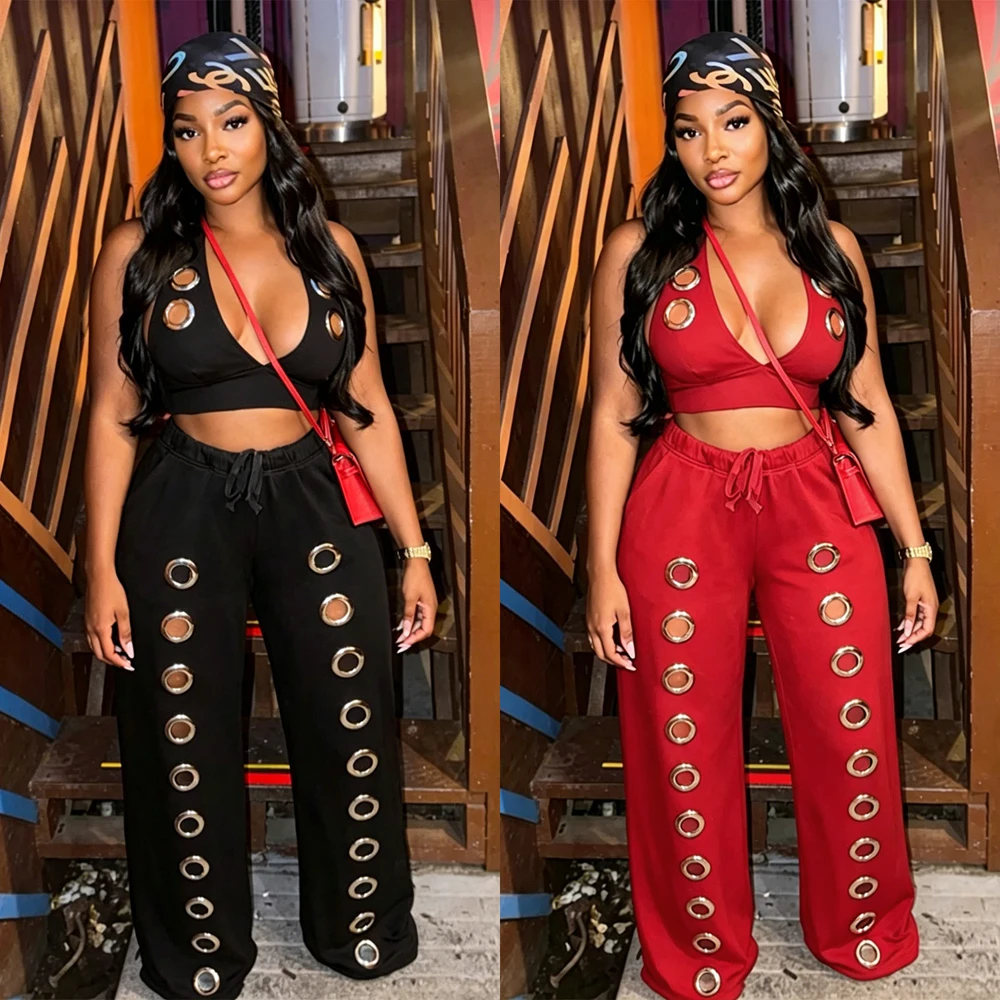 Chic Women Two 2 Piece Outfit Gold Eyelet Hollow Out Deep V Halter Crop Top+Wide Leg Pants Set Night Club Wear Tracksuit