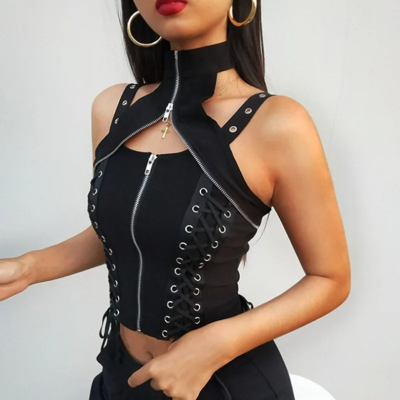 Y2k Dark Punk Gothic Corset Vest Women 2024 High Waist Bandage Crop Tank Tops Streetwear Emo Alt Harajuku Halter Rave Outfits