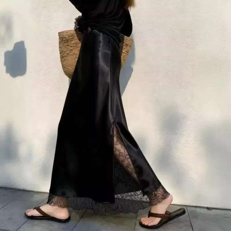 Elegant High Waist Black Lace Mermaid Skirt Women's Summer Split A-Line Long Skirt Breathable Skin-Friendly Fitted Half-length