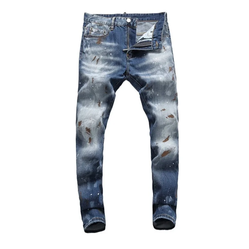 Street Fashion Men Jeans Retro Washed Blue Stretch Slim Fit Ripped Jeans Men Painted Designer Hip Hop Brand Denim Pants Hombre