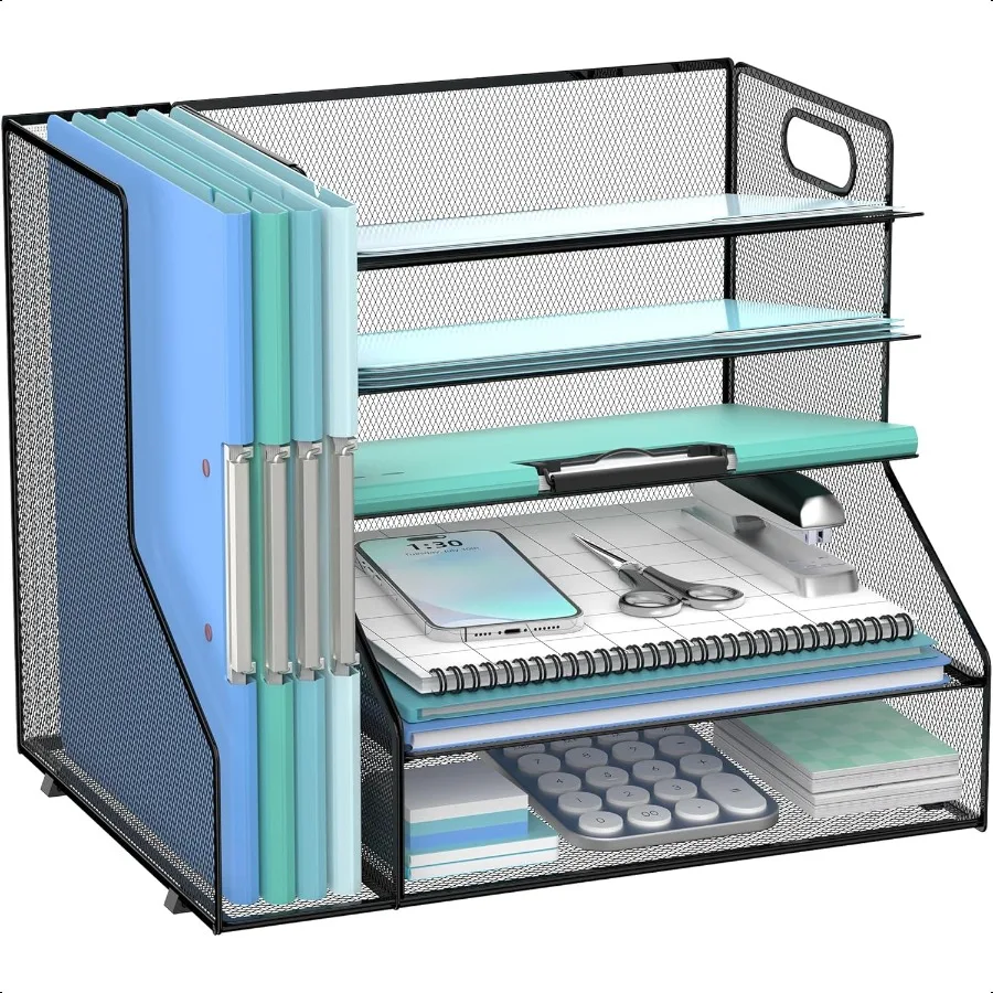

EASY Desk Organizer with File Holder 5Tier Mesh Paper Letter Tray with Magazine Holder Desktop Organizer and Storage for Desk A