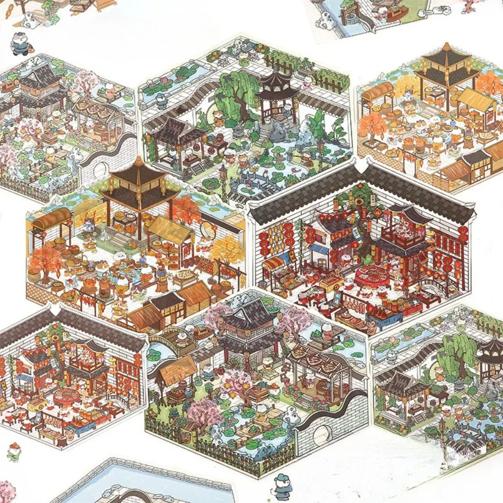 DIY Cartoon Cat Leisure Life in 4 Seasons Landscape Sticker 3D Pocket Cabin Scene Stacking Pasting Stickers Gift for Kid Child