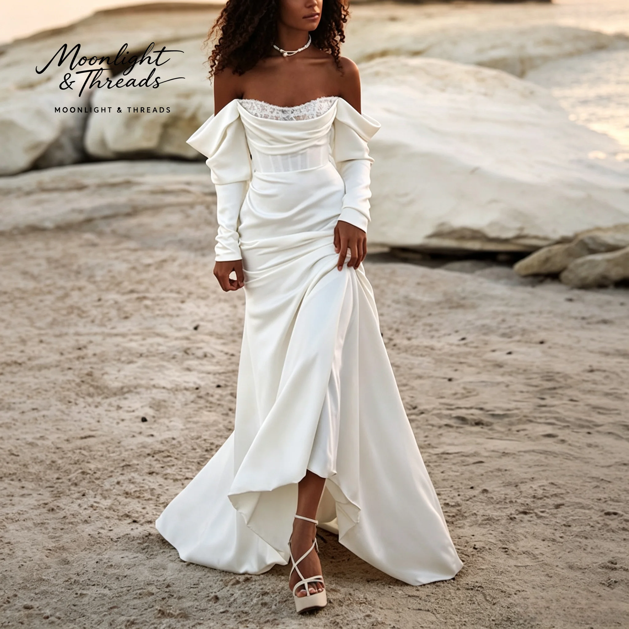 Ivory white lace plunging sleeveless fishtail floor-length formal wedding dress with fishbone waistline and openwork design