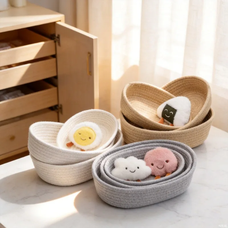 1PCS Storage Basket Cotton Thread Material Storage Basket Thick Rope Woven Cotton Thread Oval Storage Basket  Wear‑resistant