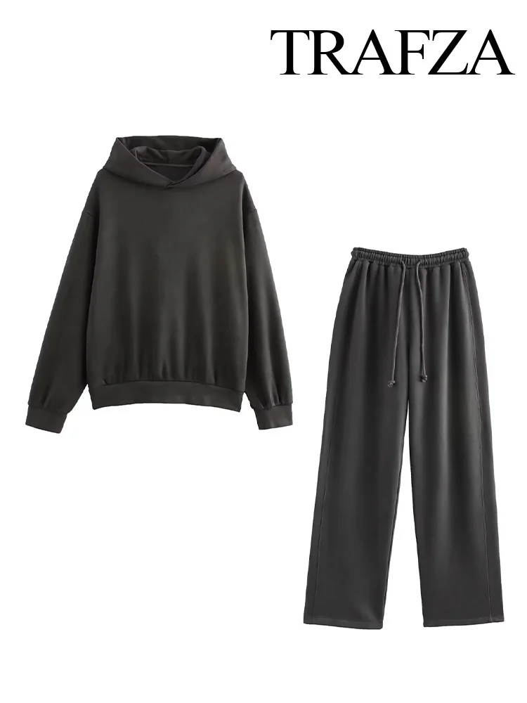 TRAFZA Damesmode Broek Past Trend Effen Sweatshirt met capuchon Top + Herfst Vrouwelijke elastische taille Fluwelen broek met rechte pijpen