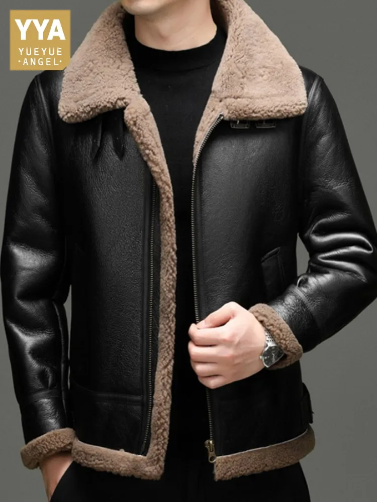 

Autumn Winter Warm Real Fur Men Jacket Turndown Collar Slim Fit Sheepskin Coat Zippers Top Quality Real Wool Lining Thick Coats