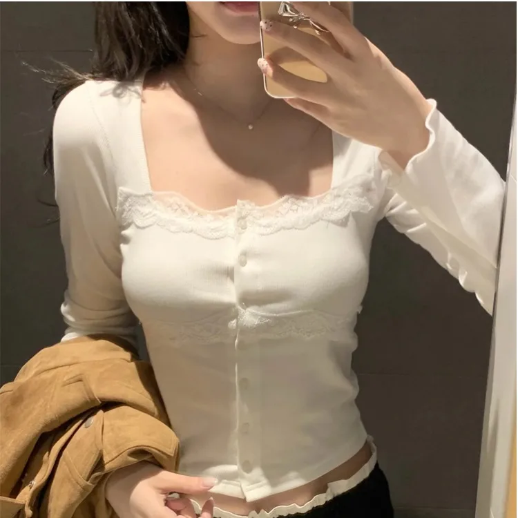 Sweet Lace Long Sleeve Open Cardigan Autumn Square Collar Casual Style Polyester Fiber Women's Knitted Sweater Single Piece