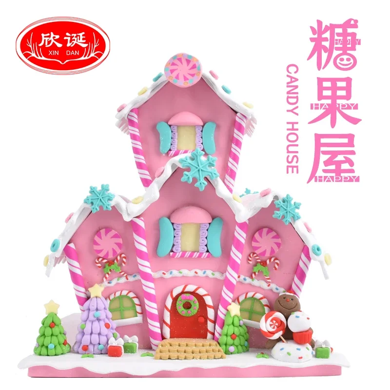 Christmas scene bread soil big candy house decoration pink cute glowing cake house birthday gift decoration supplies