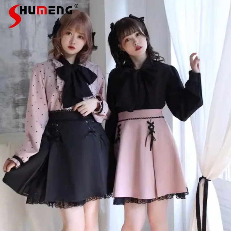 New Japanese Rojita Style Sweet Solid Color Mini Skirt Cute Strap Lace Splicing Short Thin A-line Skirt Big Bow Women's Clothing