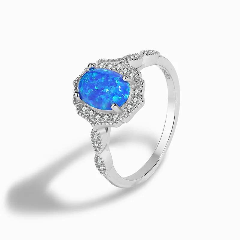 

2025 Hot selling S925 Sterling Silver platinum Blue opal oval shaped ring exquisite and high-quality fashionable women's ring