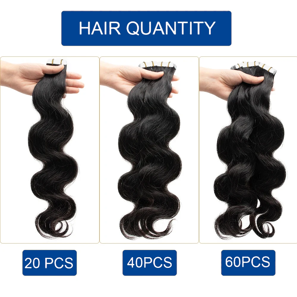 Invisible Body Wave Hair Extensions, fita em extensões de cabelo, trama dupla, 100% cabelo humano não processado, adesivo, sem costura