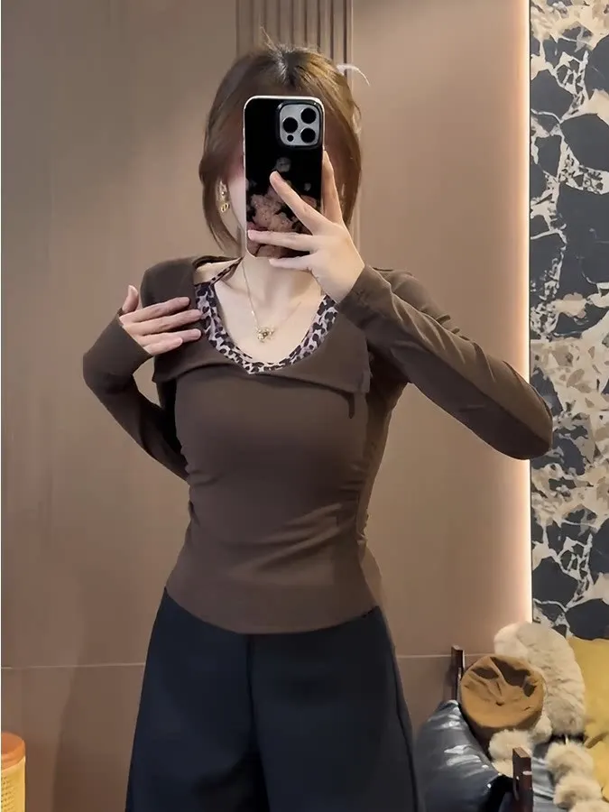 

plus Size Women's Leopard Print Halter Neck Long Sleeve T-Shirt Slim Fit Base Layer Fake Two-Piece Early Spring New Style