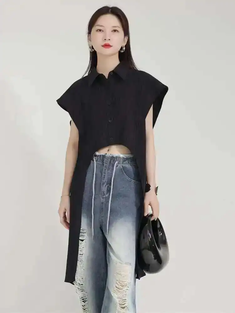 

Women White Back Long Irregular Hem Big Size Blouse New Lapel Short Sleeve Shirt Fashion Tide Spring Summer