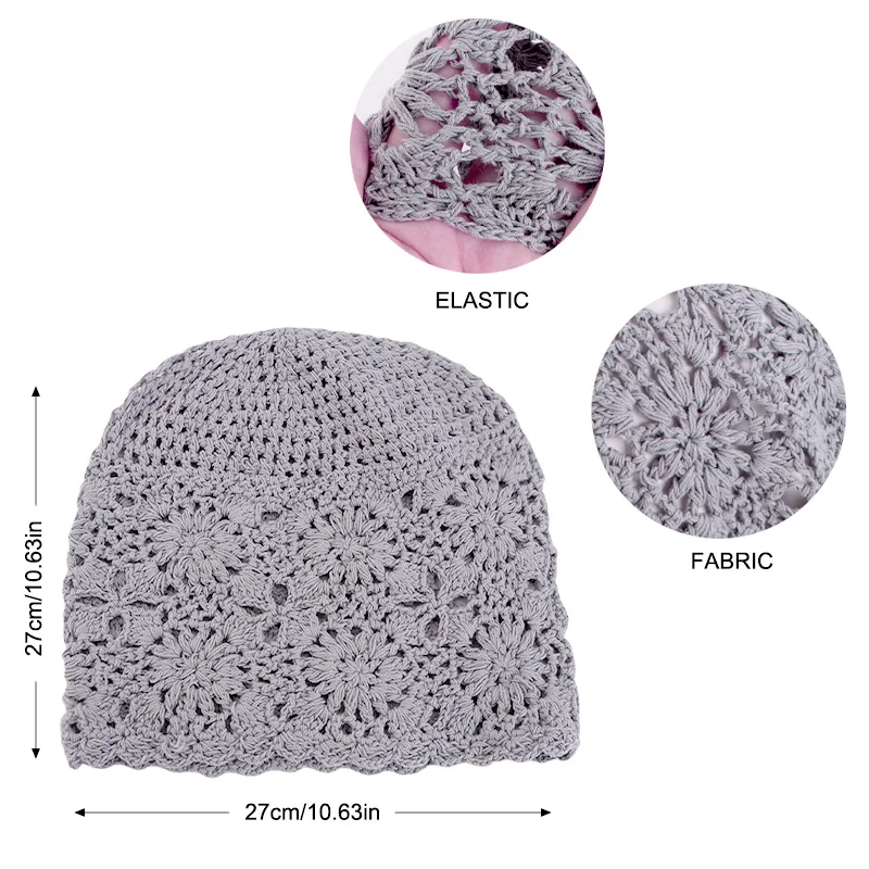 New Women Handmade Crochet Slouchy Beanie Knit Hat Elegant Flower Hollow Out Breathable Skull Cap Elastic Beanies Chemo Cap