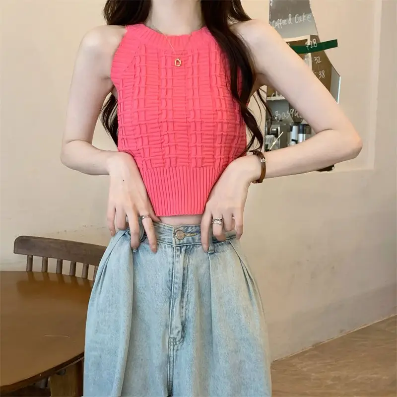 

Summer New Fashion Sleeveless Knitting Tank Top Female Fashionable Interior Lapping Trend Sexy Solid Color O-neck Camisole Tops