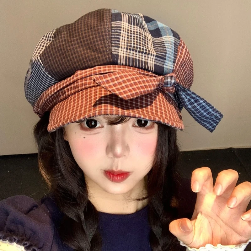Koreanische Schleifenstickerei Karierte Mode-Baskenmütze für Damen, Sommer- und Herbst-Nischen-Retro-Britische Große Version Achteckige Newsboy-Kappe – Detail 3