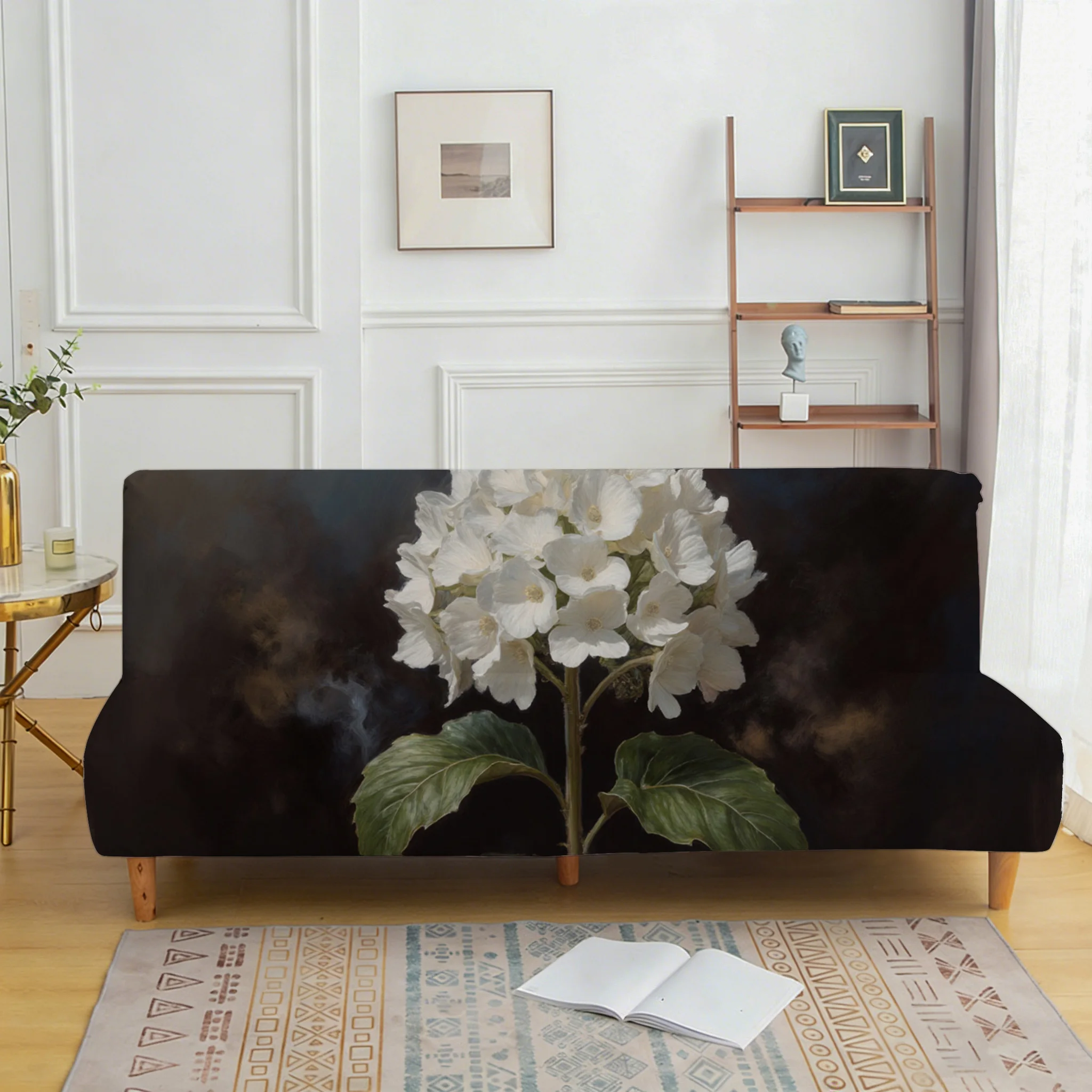 White hydrangea ball printed pattern sofa bed cover, living room sofa bed cover, dustproof machine washable sofa bed cover