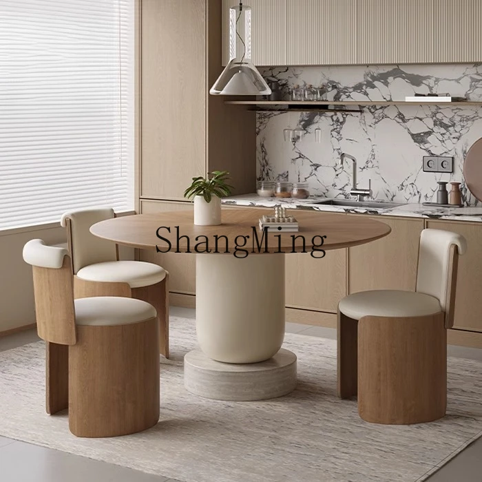 

CL cream wind solid wood round dining table and chair combination household retro round table