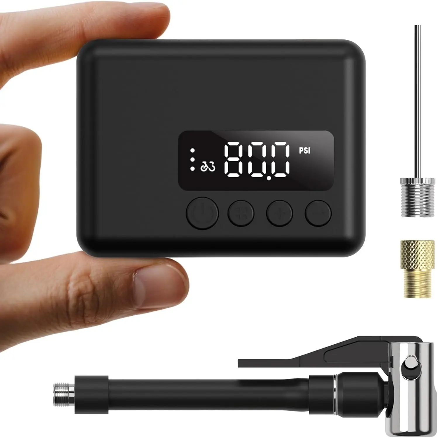 

Mini Electric Bike Pump, 130 PSI, Auto-Stop, Portable with Gauge, Presta/Schrader, for Road, Mountain & E-Bike