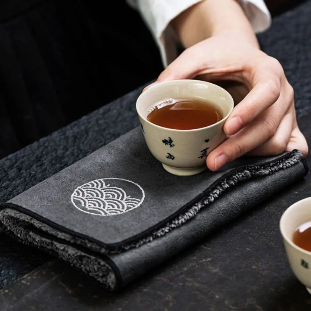 4 Pcs/Set Water Absorption Vintage Tea Towel Embroidered Pattern Thickened Zen Tea Cloth Soft Double-sided Tea Table Pad