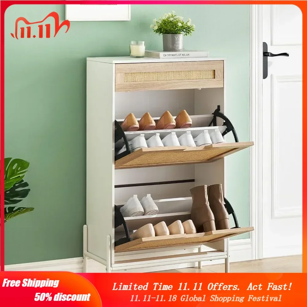 

Natural Rattan 2 Flip Down with 1 Drawer Free-Standing Shoe Rack, Shoe Cabinet Wood Organizer Freestanding with 3-Tier