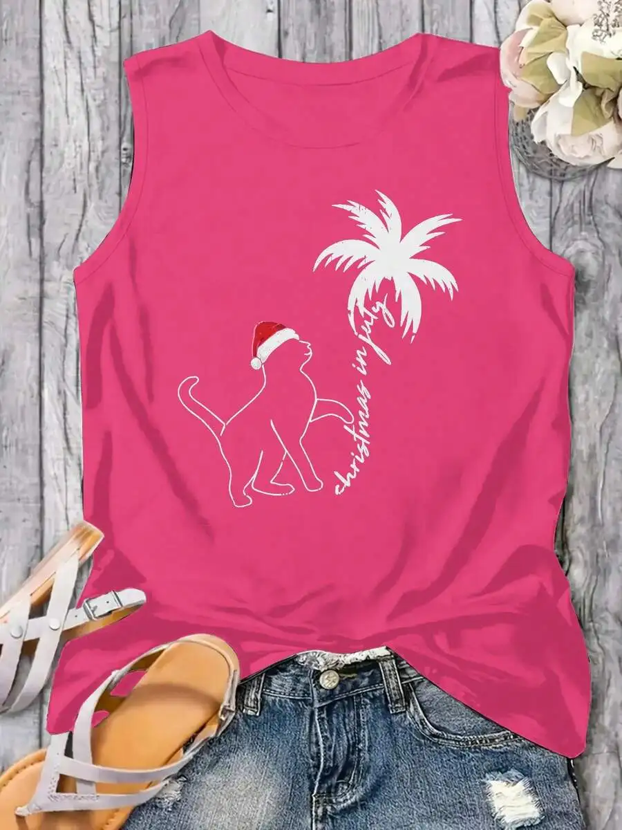 

Womens Plus Size Christmas In July Cat Palm Tree Print Sleeveless Tank Top Casual Summer Vacation Vest
