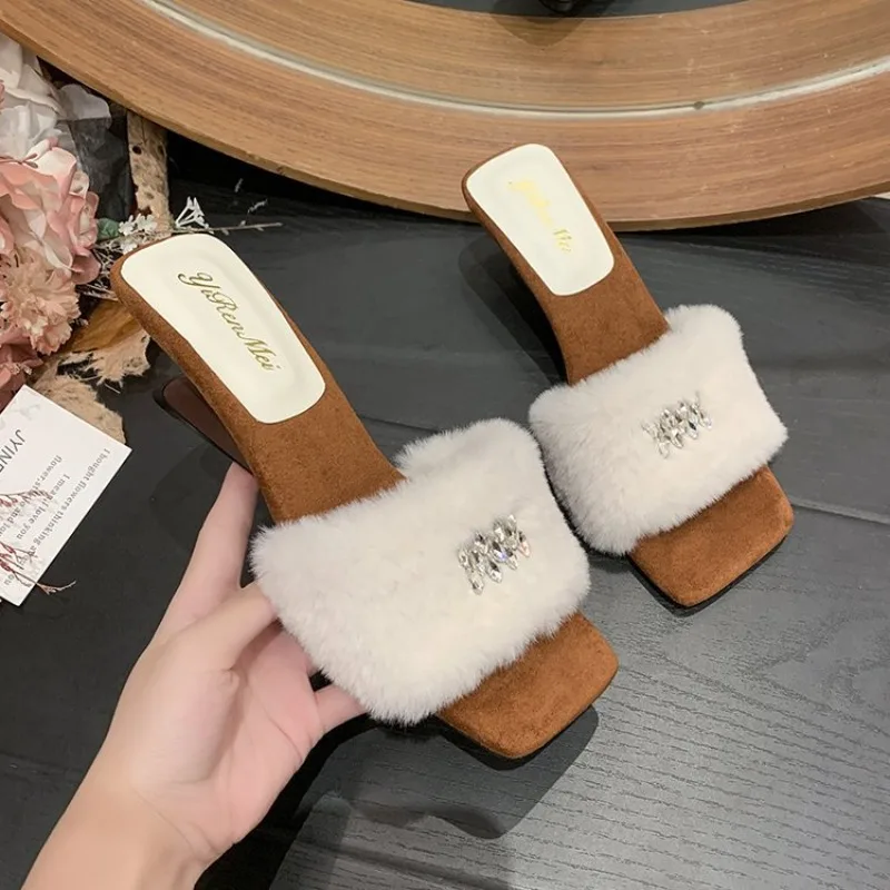 High Heels, Hairy Slippers Women's Fashion ,Outdoor Wear, 2025 Autumn Winter New Temperament, Sloping Heel, One Word Slippers