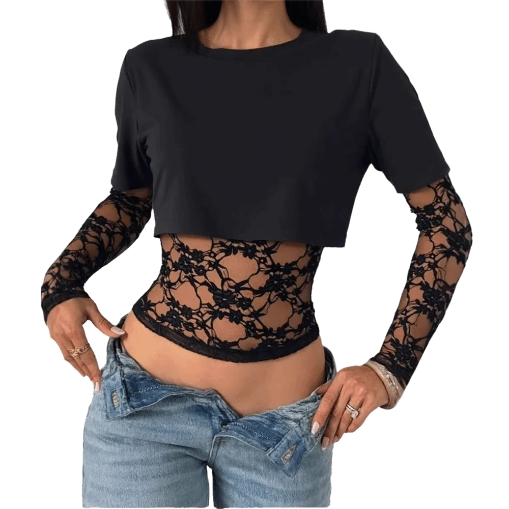Sweet Patchwork Lace Patch T-Shirt Solid Color Mesh Transparent Slim-Fit Crop Top Long Sleeve Fake Two T-shirts Vacation Wear