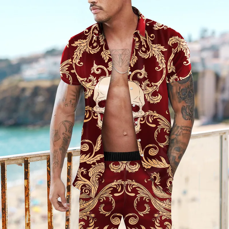 Ensemble 2 pièces vintage hawaïen pour hommes, chemise de plage, impression 3D, costume d\'été de luxe, chemises à manches courtes