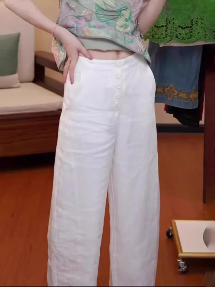 ハイウエストワイドレッグパンツ レディース 夏 プラスサイズ 綿麻 九分丈 フロア丈 カジュアルパンツ 通勤スタイル