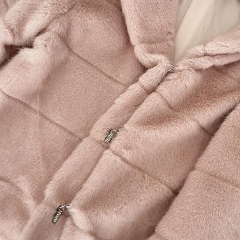 Women‘s Pink Hooded Furry Jacket Fluffy Stripe Solid Warm Thick Faux Fur Jacket Loose Luxury Elegant Fancy Plush Coats Faux Mink
