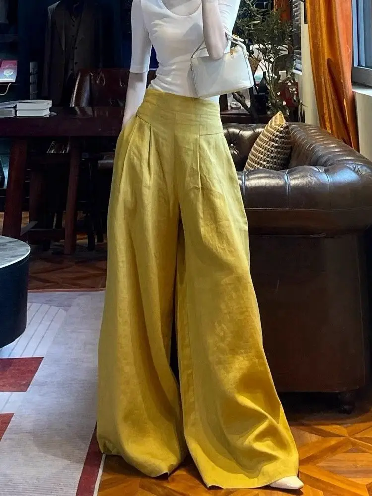 

Summer 2025 New Women's Commuting Casual Loose Elastic Waist Linen Wide Leg Floor Pants