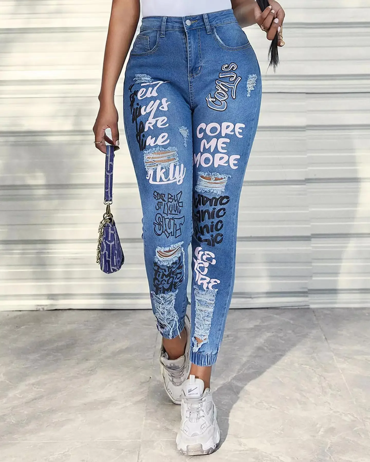 

2026 Women Denim Jeans Ankle Length Print Holes Pencil Pants Pockets Washing Slim Basics Zipper Fly Spring Flat Slight Strech