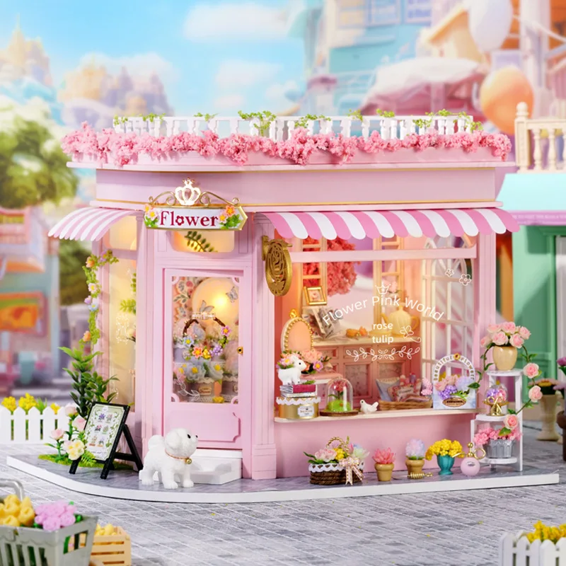 Casa delle bambole in legno fai-da-te Casa per gatti Negozio di fiori in miniatura con kit di mobili Assemblare blocchi Giocattoli per bambini Regalo per adulti Casa