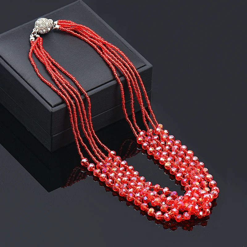 SINLEERY Sexy Red Crystal Beads 5 Layers Chunky Necklaces Hand Chain Women Wedding Party Jewelry XL987