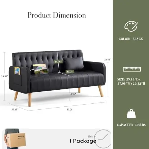 57” Faux Leather Loveseat Sofa, Small Tufted Couch (1, Black) | , Mid Century Modern, USB Charging Ports, Side Pockets