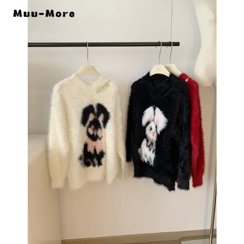 

2023 Winter Hotsweet Sweet Round Neck Hollow Out Knitting Pullovers Women Long Sleeve Printting Sheath Ladies Sexy Sweater