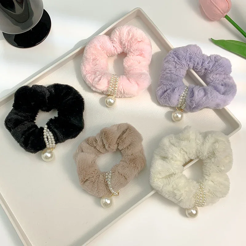 

New French Elegant Pearl Plush Hair Ties Women Hepburn Style Ponytail Elastic Hair Rope Rings Scrunchies Girl Hair Accessories