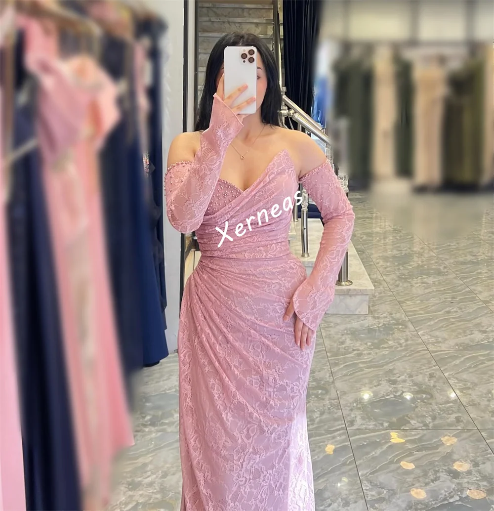 تخصيص الدانتيل الطية الديكور خارج على الكتف البوق فساتين طويلة مخصصة مناسبة مساء اللباس عالية الجودة حزب ثوب