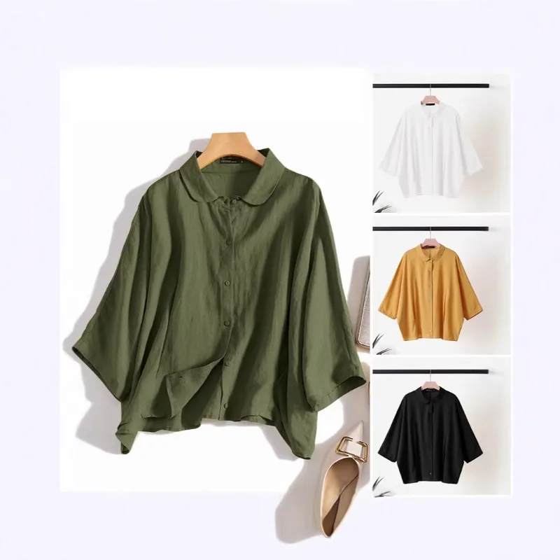 

Summer Fashion Lapel Neck Shirt Women Elegant 3/4 Sleeve Blouse Work Buttons Down Tops Tunic Female Casual Loose Blusas