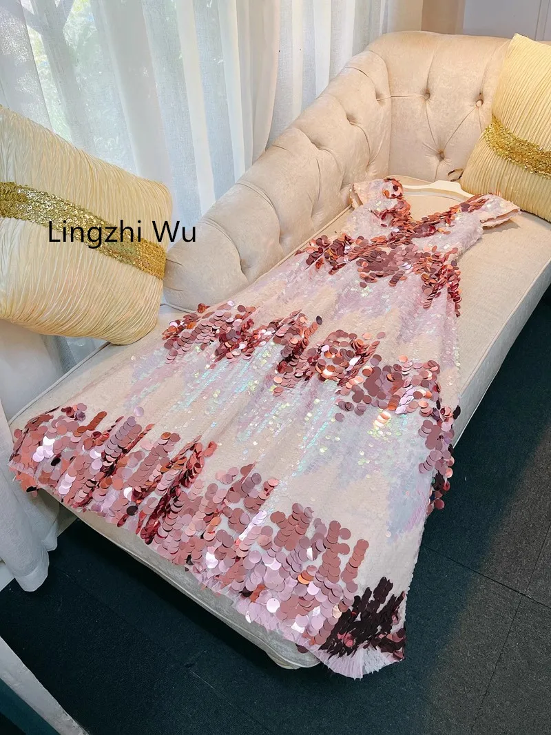 Lingzhi Wu-Colorful Sequins Evening Formal Dress for Ladies, Elegant Long Dresses, Slim V-Neck, Top Quality