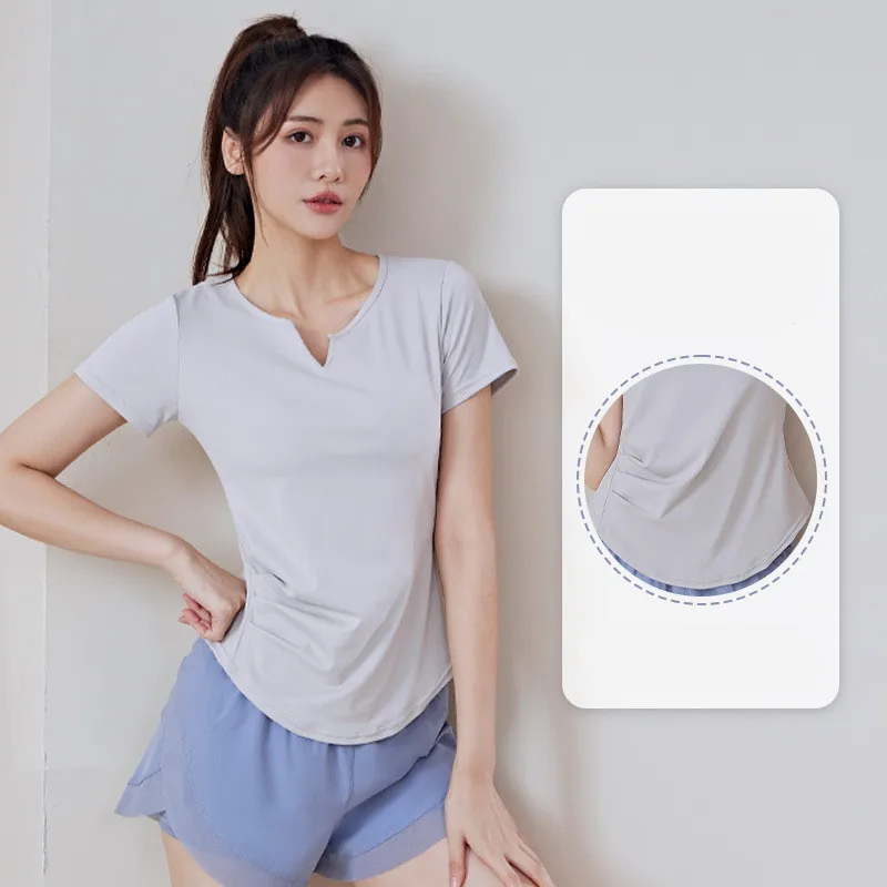 Summer V-neck Yoga Short Sleeved T-shirt Quick Drying Elastic Fitness Running T-shirt Short Sleeved Solid Color Slimming Tshirts