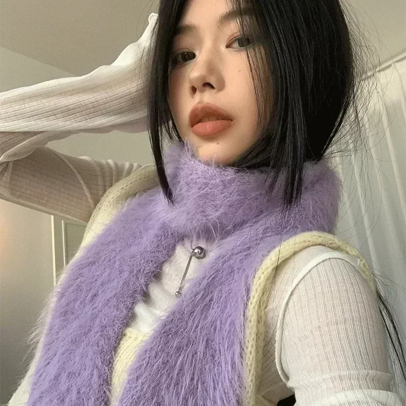 Korean Winter Designer Runway Thin Scarf Fashionable Plush Long Scarf Women\'s Imitation Mink Fur Y2K Girl Scarf for Warm