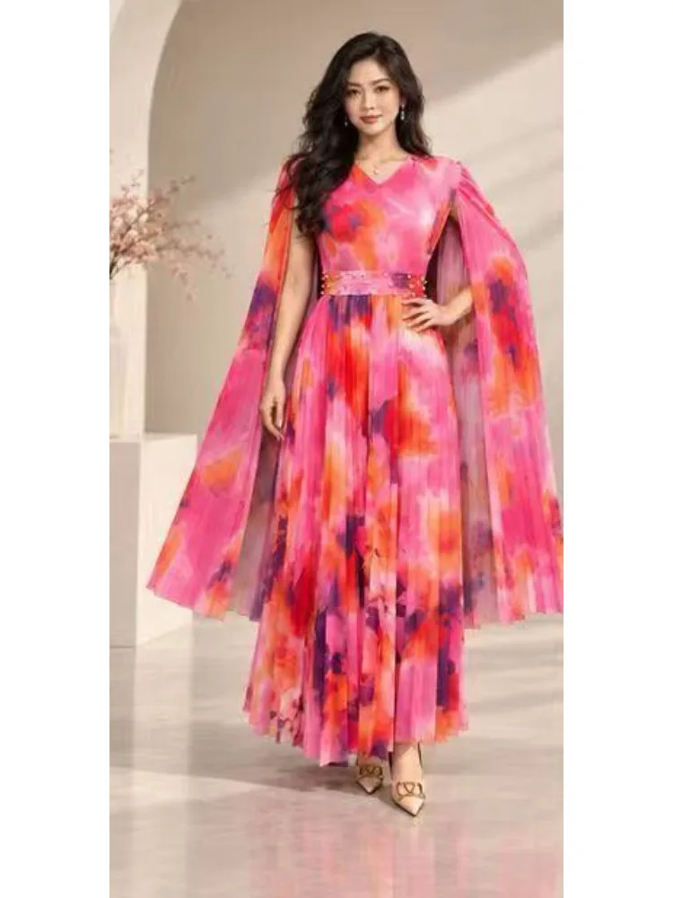 2026 Africa New Miyake Fashion Gradual Change Color Matching Pleated Printing V Neck Dress Loose Women's Clothing